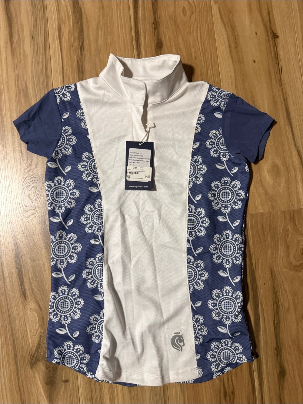 Equinavia Charlotte Girls' Short Sleeve Riding Top in White and Navy Floral